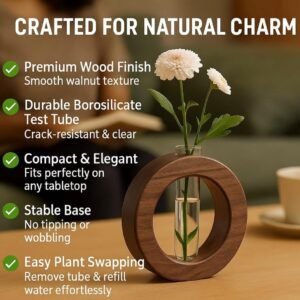 WOODSOME™ Decorative Glass Test Tube with Donut Wooden Holder Vase for Flower Plants Home Decor Office Living Room Bedroom Table Gifts Decoration Items