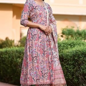 Amayra Women's Cotton Printed Straight Kurta with Pant and Dupatta Set